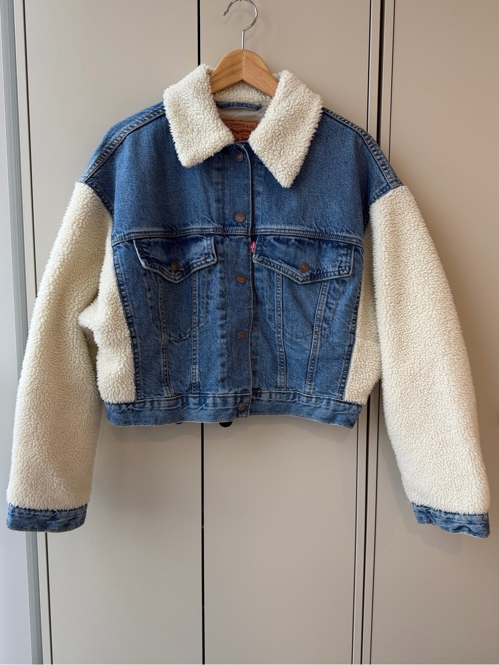 Levi's Blue Denim Jacket with Cream Sherpa Collar and Sleeves